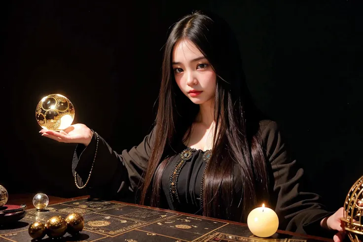 Stunning ultra-realistic in 8K resolution depicting a modern glamorous mysterious woman with black straight long hair, brown eyes, long nails, holding a large magical crystal ball. She is surrounded by many tarot cards, laid out on a dark table and casting...