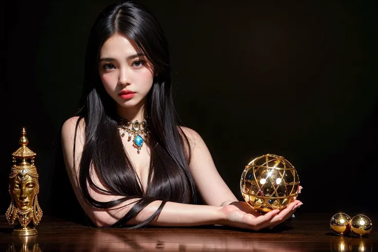 Stunning ultra-realistic in 8K resolution depicting a modern glamorous mysterious woman with black straight long hair, brown eyes, long nails, holding a large magical crystal ball. She is surrounded by many tarot cards, laid out on a dark table and casting...