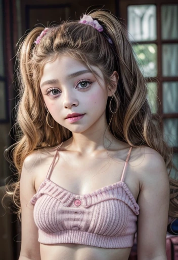 Karol sevilla, imagen ultrarealista de alta calidad de una adolesente. 12 years. (Cuerpo completo). Rostro hermoso, labios rosas, small breasts, mirando al espectador, sonrisa hermosa, maquillaje perfecto