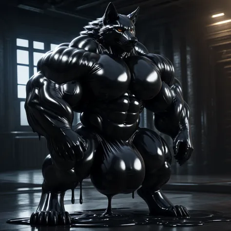 solo, male, , , ,  (hyper pecs:1.2), （long thick thighs:1.5）, standing, indoor,，(，,(,solo,very hyper muscles:1.3)((, Huge bulge：1.3))）（corruption)), black glowing liquid，（((liquid_latex, , rubber:1.2)，,black latex，goo transformation，(gooey)()(l），unreal eng...