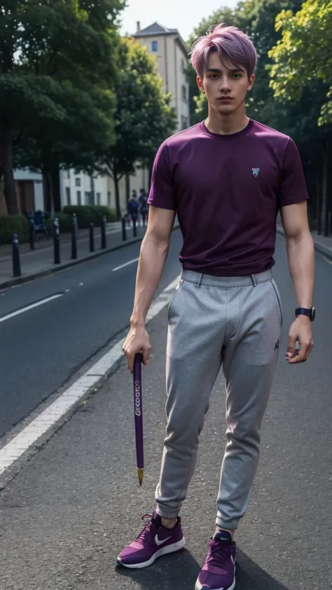 Man in magic outfit, 25 year old fit man, dark green gym trousers marking his fun, man in violet and burgundy t-shirt, man holds baton, young man with light lilac hair, man standing, man in grey trainers, background deserted late afternoon street, Countrys...