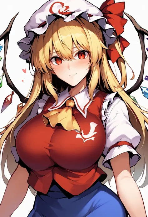 score_9_up, score_8_up, score_7_up, source_anime, blonde hair, wings, red eyes, crystal, bangs, hat, one side up, long hair, rib...