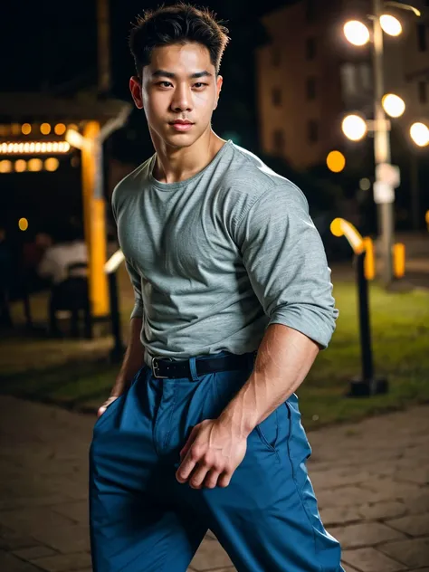 a young asian man, 20 years old, wearing a shirt and pants, dynamic movement pose, big pecs, (best quality,4k,8k,highres,masterp...