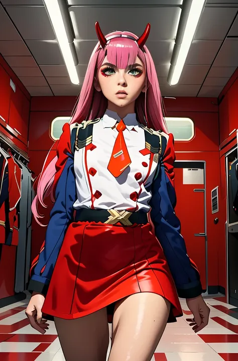 zero-two, long straight and shiny pink hair, small white tiara with two small red horns, ((white tiara)), straight bangs cover t...