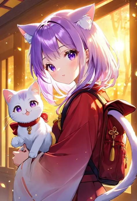 a little cat girl, beautiful detailed purple eyes, cream colored hair, japanese , red backpack, high quality lighting, vibrant c...