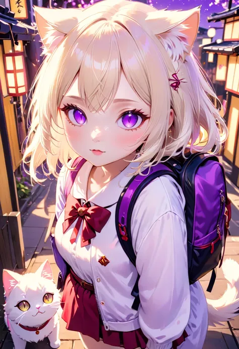 a little cat girl, beautiful detailed purple eyes, cream colored hair, japanese , red backpack, high quality lighting, vibrant c...