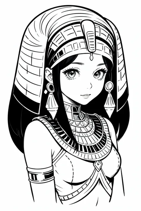 Create a Lineart of a cute egyptian girl, for coloring book for kids, vector illustration, without inside shading or colors, no black or dark shading anywhere, black and white, crisp dark thick line art. Decorate the rest of the area around with mystic des...