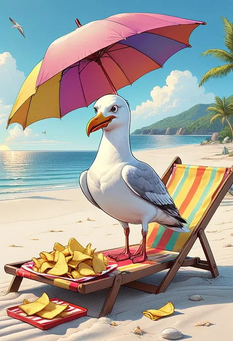 ((clear cartoon style:1.4)), ((a seagull sitting on a beach lounger, eating chips, under an umbrella on the beach satirical funn...