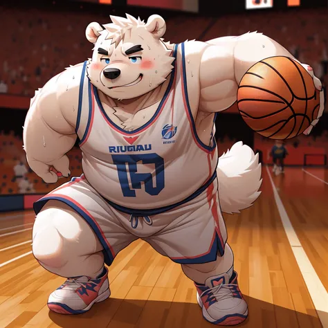 New Jersey 5 Furry,polar bear,(basketball court),(play basketball),((sunshine)),Masterpiece,Highest image quality,Chubby,Fat,Thick arms,Rugged muscles,(((White plush fur))),Solitary,Chubbyè¸,((Black eyebrows)),Sky blue eyes,((ahoge)),solitary,(sweat),(smi...