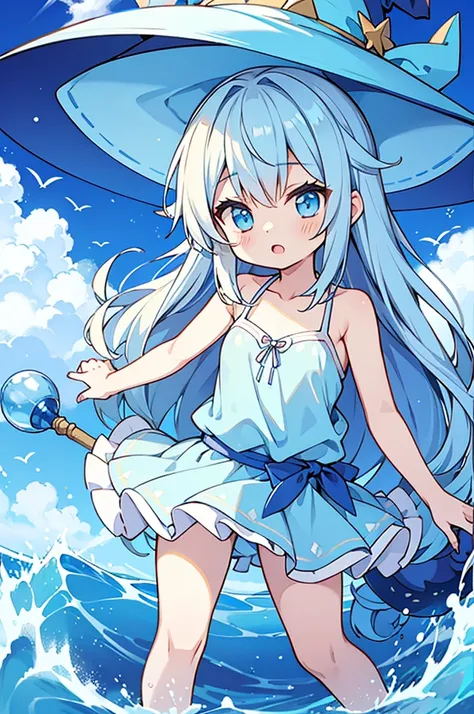 hyper cute shota,light blue witch hat,light blue loose long hair,
tank-top-bikini,