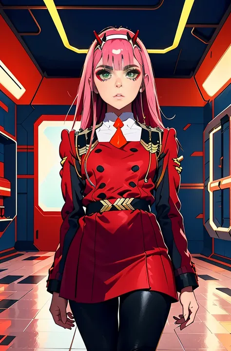 zero-two, long straight and shiny pink hair, small white tiara with two small red horns, (white tiara), straight bangs cover the...