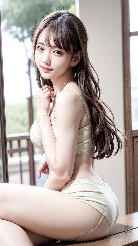 8K quality、High Resolution Male、つま先立ちをするcoffee shopの女店員、Brown and purple long hair、Brown eyes、Ring piercing of the earlobe、Dazzling sunlight、coffee shop、open neck blouse、Deep slit skirt、Beautiful feet、Beautiful thighs、、Small breasts、Seduce、thin、Model Body ...