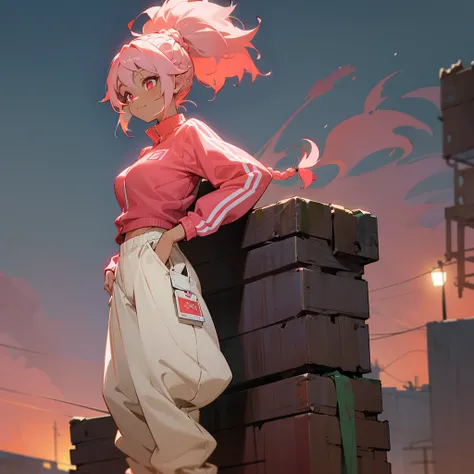 1female, young adult, tan skin, big breast, finely detailed pink eyes, wild medium hair, coral hair, braided ponytail, track jacket, baggy pants, standing on ruined building, night time, excited expression