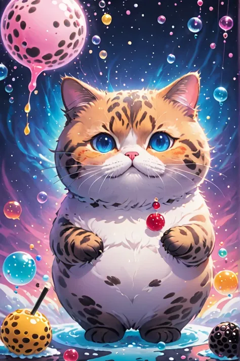 Cosmic Canvas,perfection, clean, masterpiece, Professional artwork, Famous works of art, fat cat painting, (bubble tea background),  