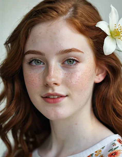 photography half body portrait of very beautiful realistic girl, 15-years-old, porcelain skin, very fair skin, very pale skin, redhead, long wavy, detail freckles skin, hazel eyes, slanted eyes, small nose, small nostril, thick curved eyebrow, thick bottom...