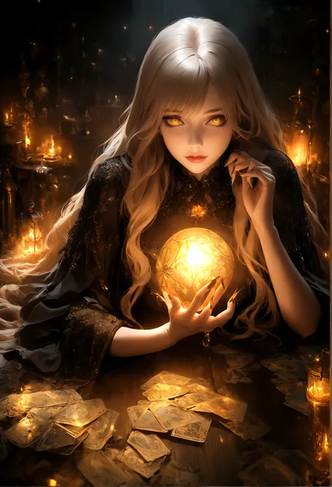 Stunning ultra-realistic in 8K resolution depicting a modern glamorous mysterious woman with red straight long hair, yellow magic bright eyes, long nails, holding a large magical crystal ball. She is surrounded by many tarot cards, laid out on a dark table...