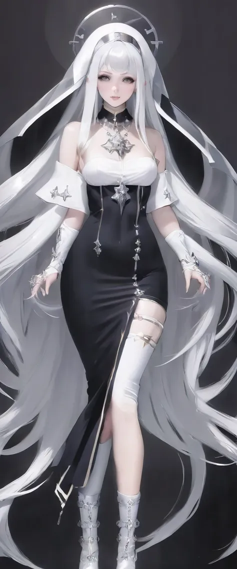 character (white long hair) (lots of accessories and exaggerated silver jewelry) (nun manga-style clothing) (character in dynami...