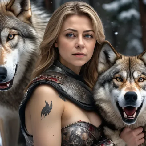 4k highly detailed realistic digital extremely high quality RAW photograph, a portrait photo of Nataliya Poklonskaya that lived with wolves her whole life is now leading them to battle. torn clothes exposing (nude:1.4) body, armored pauldrons, fangs, curle...