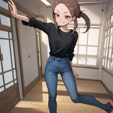 masterpiece, best quality, ultra highres, 1girl, (bbtakagi:1.5), long hair, low ponytail, (collarbone:0.5), plain black shirt, long sleeves, long blue pants, jeans, indoors, full body view, (mischievous smile:1.1),
21 years old,
skinny arms, slim body, ski...