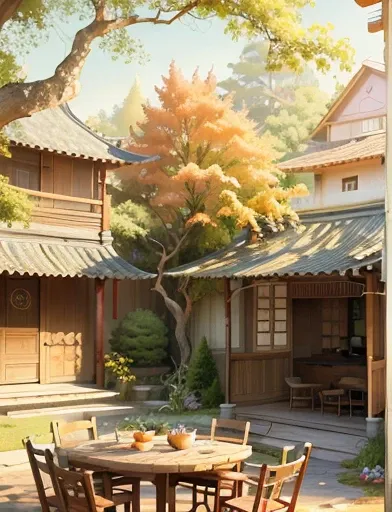 draw a courtyard with a table, chairs and trees, chinese style courtyard, the structure of the house is written in chinese, warm...