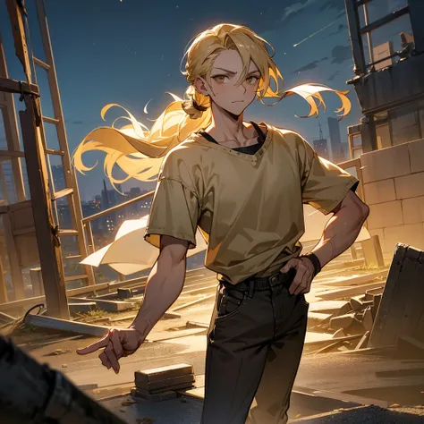 1male, young adult, finely detailed hazel eyes, dirty blonde hair, braided side ponytail, scars, casual clothing, standing on ruined building, night time, serious expression, muscular 