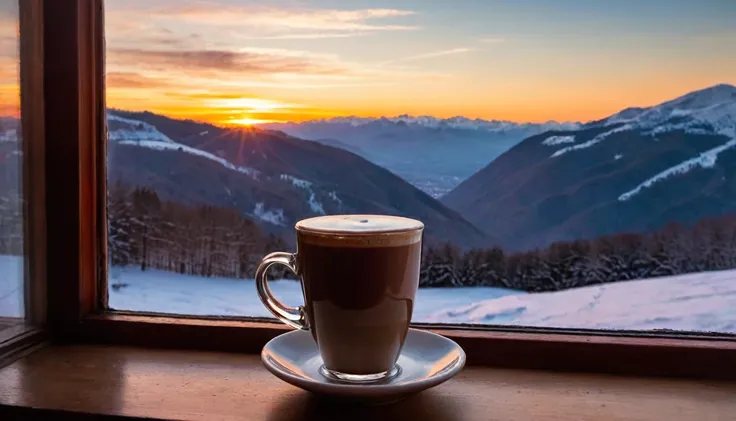 1 cup of hot coffee in the foreground, sunset, winter mountain landscape in the background as window view