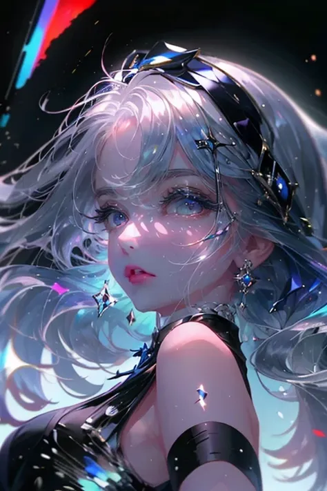 1girl,solo,cool,silver hair,colorful,paint,upper body focus,perfect face,red eye,brilliant eye,vivid eye,around blue flame,dark,...