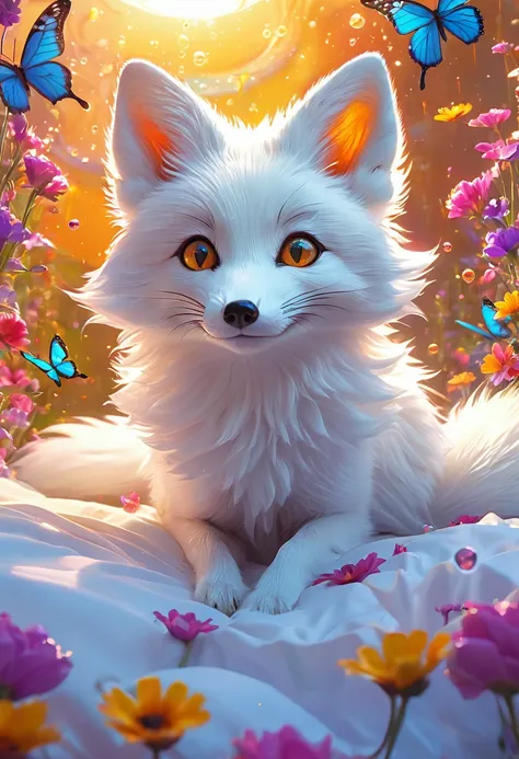 Splash Art,  Luminism, fantasy acrylic, Digital Painting , Close up of a small cute magical chibi fantasy white fox in bed,  Flowers,  butterfly, spark, magic  creature made of colors, Large reflective eyes, Colorful paint splash style, Paint drips, color ...