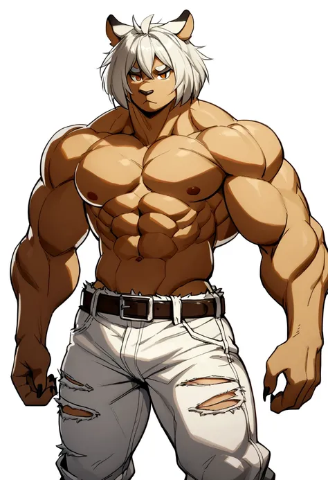 A large, muscular anthro white tiger  wearing torn jeans and no shirt