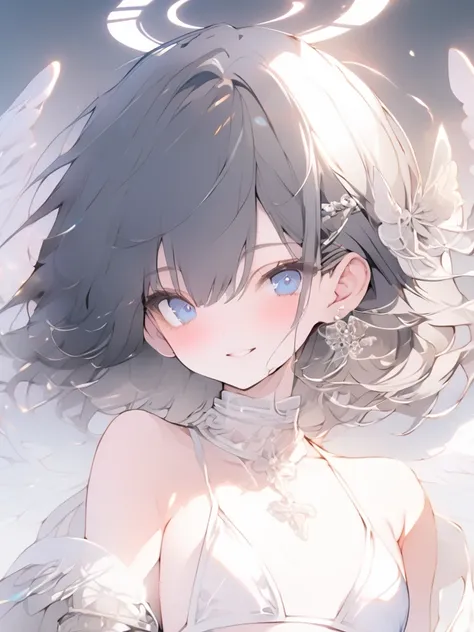 beautiful, masterpiece, Highest quality, anime, One girl, C Cup,Portrait Shot, View your viewers, Intricate details,>,((Covered、Short Hair、nearby、Blue Eyes、art、、White hair,Blue streaked hair、wallpaper、、white_Silk gloves、hairpin、smile、Angel、Thighs、Halo、whit...