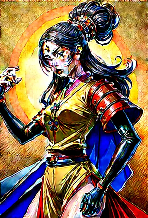 a picture of Japanese female samurai, she has long black hair, wearing samurai armor, armed with a katana, ready for battle, dynamic angle,, Japanese fantasy art, (Masterpiece: 1.5), 16k, highres, best quality, high details, ultra detailed, masterpiece, be...