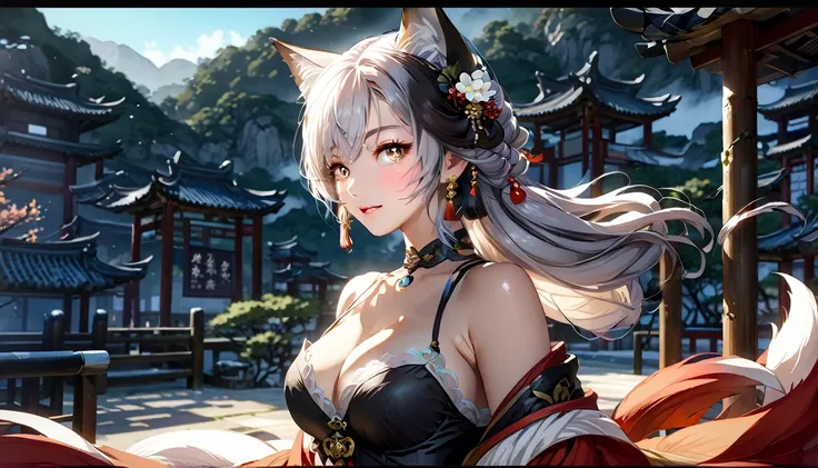 长发动漫女孩和fox, Beautiful red fox lady, 白毛fox, Beautiful character painting, Beautiful anime portrait, fox耳朵的女孩, a beautiful fox woman, Ancient mysterious style artwork, guweiz, by Ren Renfa, fox, Large Breasts，Full breasts，Golden ratio figure，Perfect body，Ult...