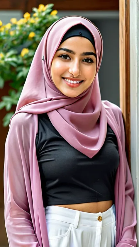 photograph, best quality, photorealistic, full body, extremely detailed, 8k, finely detail, ultra-detailed, extremely detailed, looking at viewer,  a beautiful 18 year old hijabi girl, (((full body))),  detailed face and eyes, smiling, detailed body, showi...