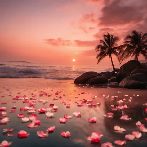 In the evening, real scene shooting 1000 beautiful and romantic pink and white roses glow, beautiful flowers are clearly visible, white and red flowers, fluffy and soft petals, on both sides are many flowers, in the middle is falling luminous petals, sunse...