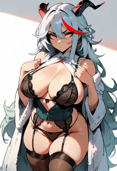 1girl, aegir (azur lane), azur lane  masterpiece, best quality, very aesthetic, absurdres, newest  sportive body, perfect breasts  by nyantcha,,by cutesexyrobutts,by khyle ///// , , , silvery white hair with a single prominent red streak , black horns, , ,...