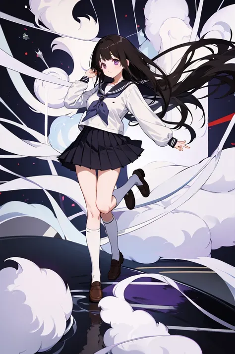 best quality, highres, 1girl, chitanda eru, long hair, , black hair, kamiyama high  (hyouka), skirt, purple eyes, socks, serafuku, kneehighs, white socks, pleated skirt, sailor collar, shoes, bangs, black sailor collar, brown footwear, neckerchief, loafers...