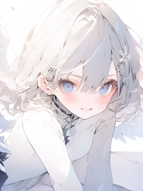 beautiful, masterpiece, Highest quality, anime, One girl, C Cup,Portrait Shot, View your viewers, Intricate details,>,((Covered、Short Hair、nearby、Blue Eyes、art、、White hair,Blue streaked hair、wallpaper、、white_gloves、hairpin、smile、Nipples、nude、 、Angel、、Thigh...