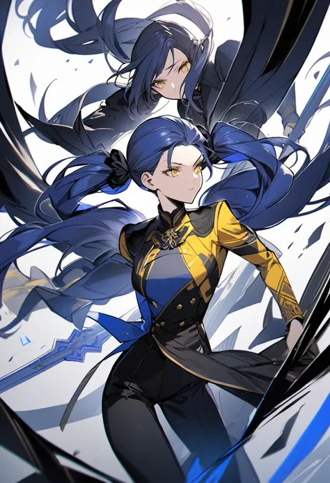 (One very tall, good looking woman,Navy Blue Hair,Her hairstyle is twin tails that expose her forehead., yellow eyes,Medium chest,Dynamic Angle)Thick Black１Color ,Black trousers,The woman is carrying a spear in one hand.