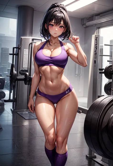 beautiful girl、Big Breasts、Black Hair、Long Straight、Great style、Nice body、Abdominal muscleuscular、Training Gym、Sports Bra、Light purple bra top、Cleavage、Light purple bikini pants、Beautiful buttocks、Toned Legs、Are standing、The whole body is visible、Sweaty sk...