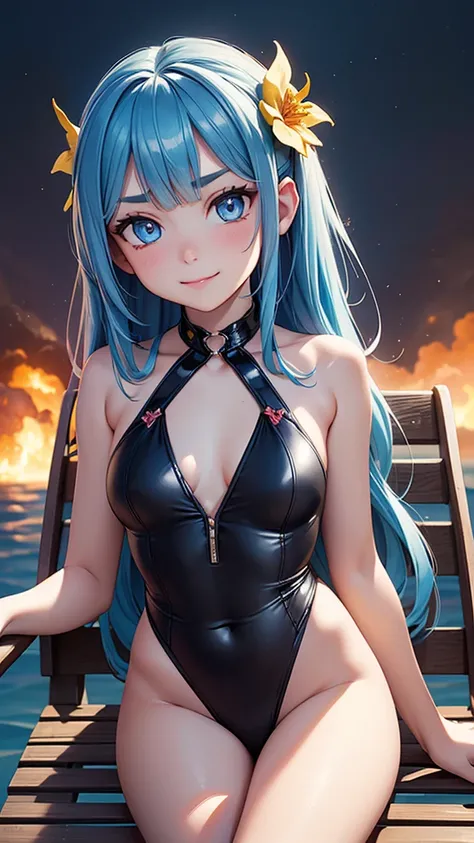 masterpiece, exquisite, {beautiful and meticulous girl}, beautiful and detailed halo, (fire of war: 1.2), (fire explosion behind: 1.3), rain, detailed lighting, detail water, (beautiful and detailed eyes: 1.1), glitter_force, palace, sky blue hair, scatter...