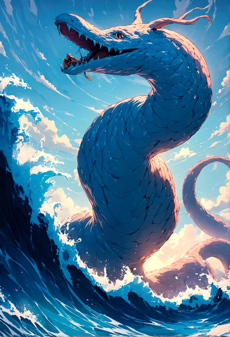 4k ultra high definition, high quality, best quality, a water elemental sea serpent leviathan riding a really high wave