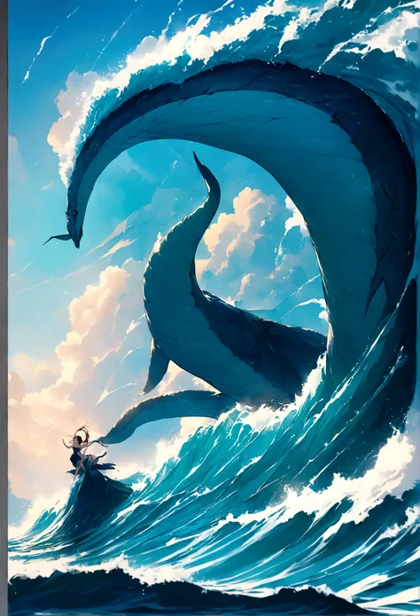 4k ultra high definition, high quality, best quality, a water elemental sea serpent leviathan riding a really high wave