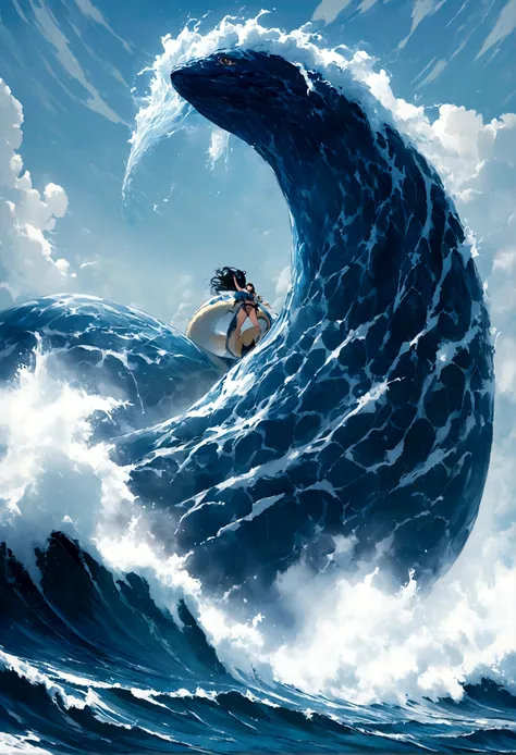 4k ultra high definition, high quality, best quality, a water elemental sea serpent leviathan riding a really high wave