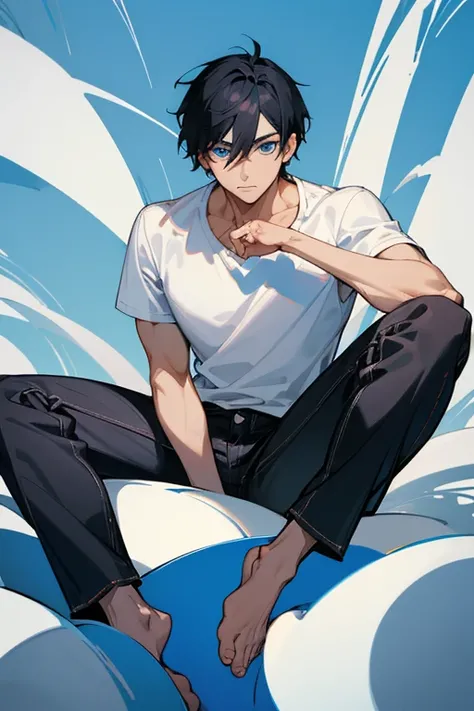 Manhwa A man with black hair and blue eyes, a cool face, has a six-pack, sits with his legs spread apart, wears a white shirt and black jeans.