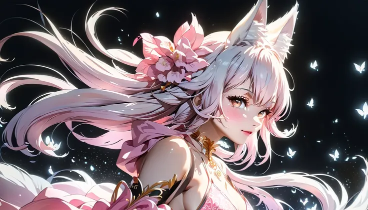 长发动漫女孩和fox, beautiful pink fox lady, 白毛fox, beautiful character painting, beautiful anime portrait, fox耳朵的女孩, a beautiful fox wo...