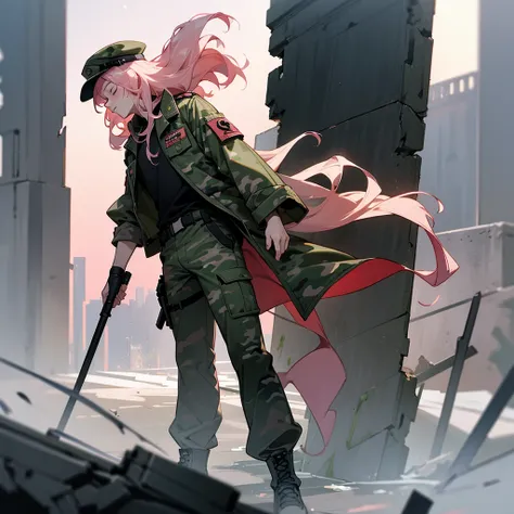 1male, young adult, closed eyes, pale pink hair, wavy hair, army cap, combat camo pants, standing on ruined building, night time, serious expression, muscular 