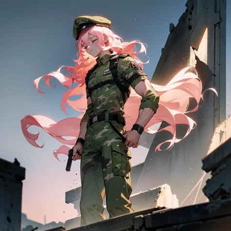 1male, young adult, closed eyes, pale pink hair, wavy hair, army cap, combat camo pants, standing on ruined building, night time, serious expression, muscular 