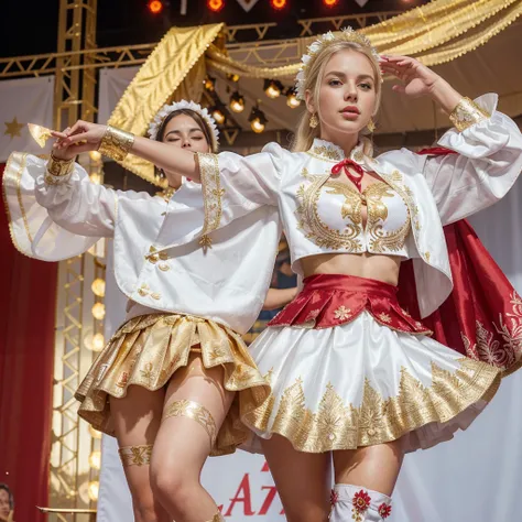 a beautiful white girl dancing at the Tirana Festival, Chile-iquique. She wears an elaborate Diablada outfit: white jacket-bib adorned with sequins and gold glitter flower designs, red skirt-skirt (petticoat) with gold decorations. Elegant long white glove...