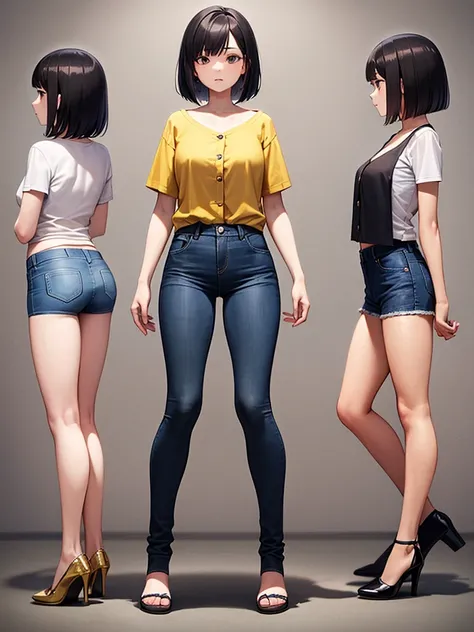 A full body photo of an 25 years old woman with black straight hair, side part Bob haircut without fringe, black eyes small, upturned nose, slender body, small breasts, wearing a short sleeve yellow blouse with buttons on the front and thight blue jeans