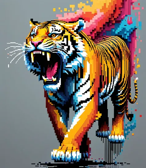 pixel art，Thai artist Thawan Duchanee uses colorful brush strokes to create a 3D pixelated image of a roaring tiger...